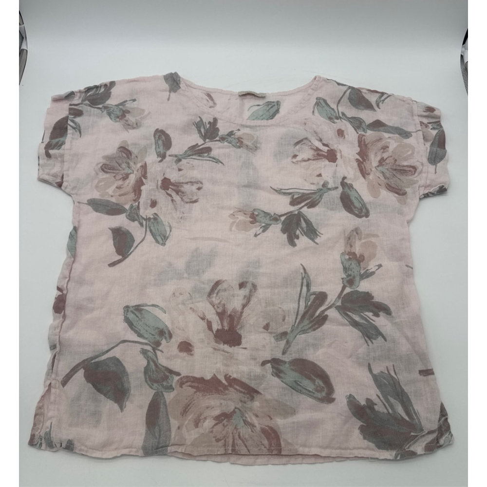 Bellambra Pink Floral Linen Short Sleeve Tee S